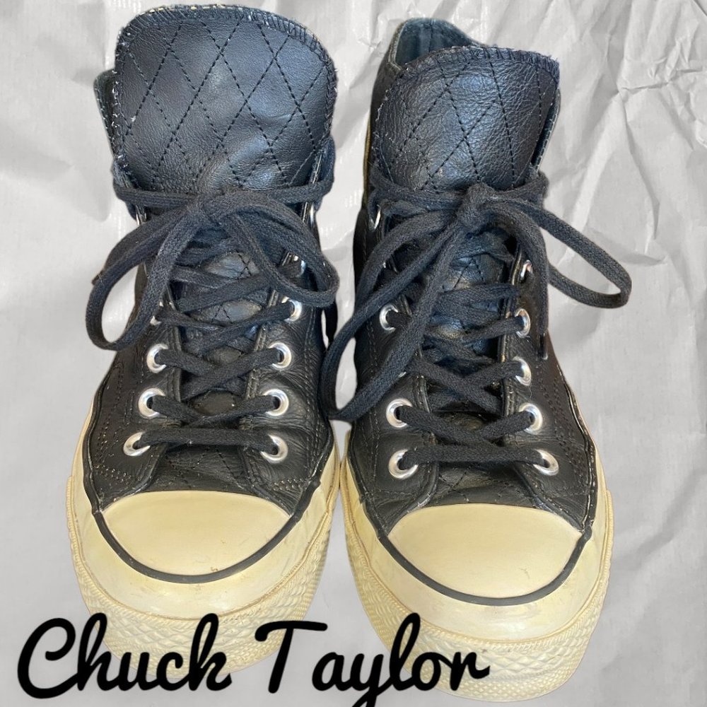 CHUCK TAYLOR CONVERSE ALL STAR BLACK LEATHER HIGH TOPS (W10/M8) - Picture 6 of 7